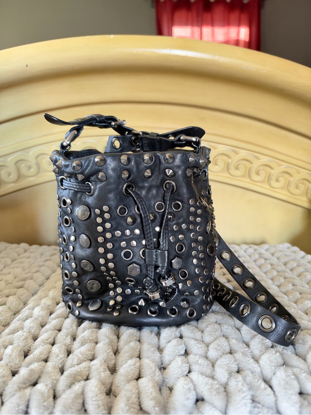 Marc Jacob’s Black Studded Bucket Crossbody Bag Pixie Party Girl.